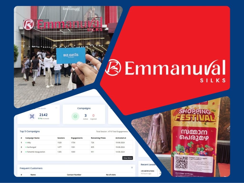 Biz Gifts helps Emmanuval Silks attract more followers through campaigns, rewards, and QR codes.