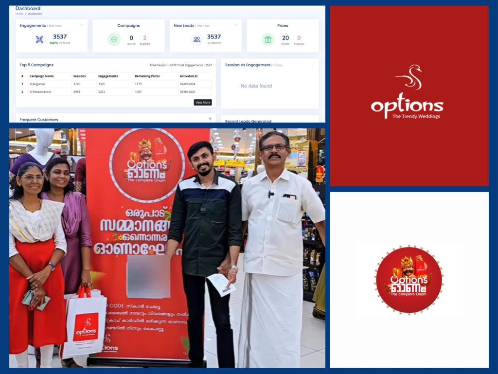 Options Mall team posing near a campaign banner for their Onam celebration.