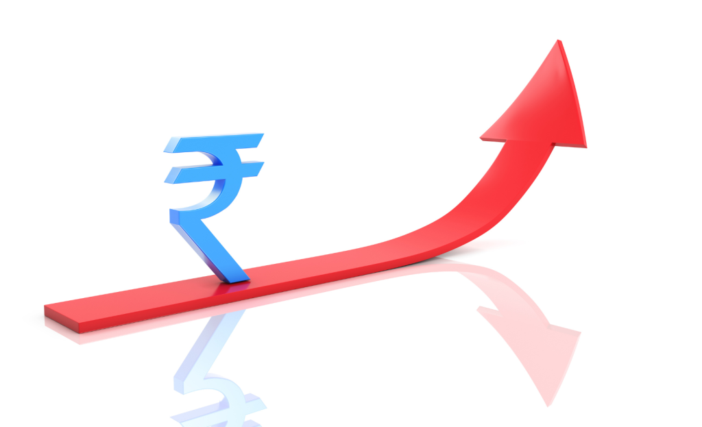 Rupee symbol on a rising arrow, symbolizing increasing business profits in India.